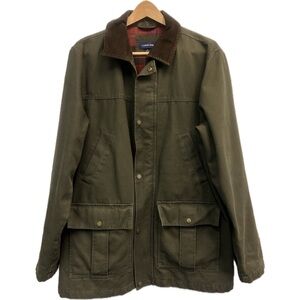 LL Bean Barn Coat Mens Olive Green Canvas Plaid Lined Chore Jacket Sz L Pockets
